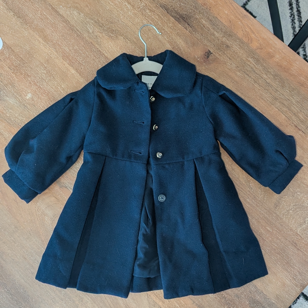 Janie and Jack Navy Coat with Puff Sleeves and Gold Buttons